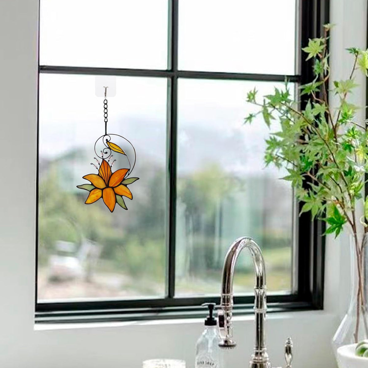 Orange Tiger Lily Flower Gift for Her Women, Love Gift Stained Glass Window Hanging Floral