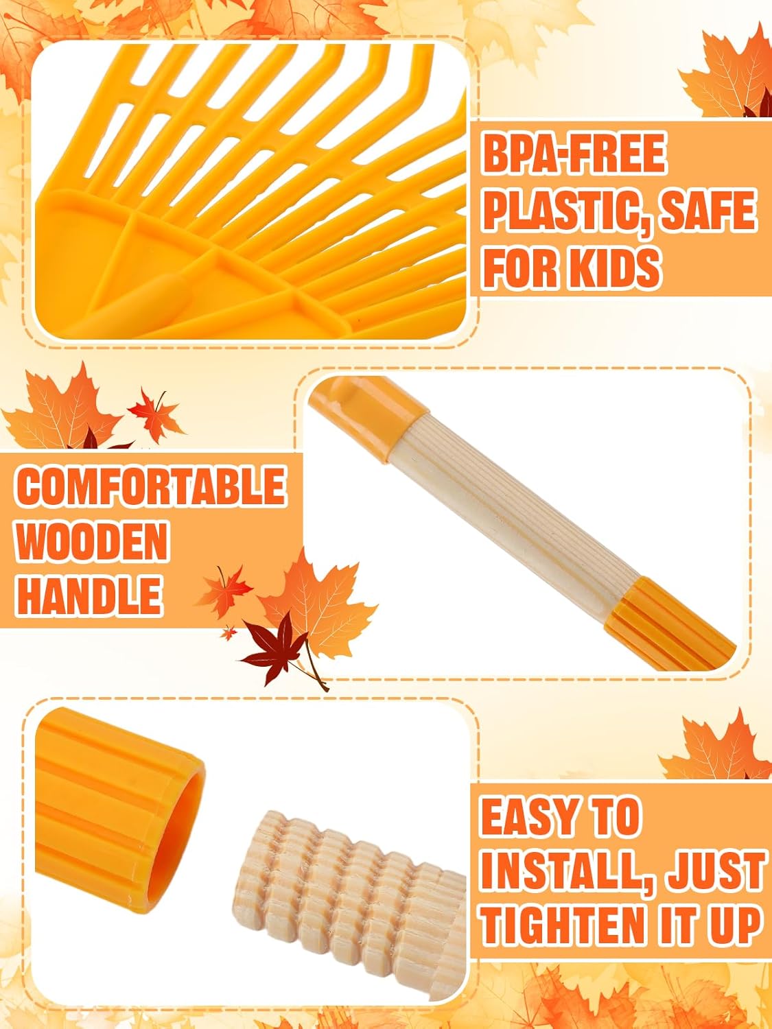 Acostop 2 Pcs Kids Rakes with Wood Handle - 34" Lightweight Plastic Garden Rake for Leaves, Safe to