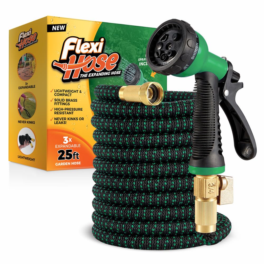 Flexi Hose with 8 Function Nozzle, 25FT - Lightweight Expandable Garden Hose, No-Kink Flexibility