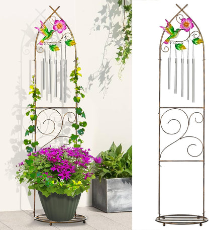 Plant Stands with Garden Trellis, 48” Metal Standing Wind Chimes Plant Pot Trellis with Hummingbird
