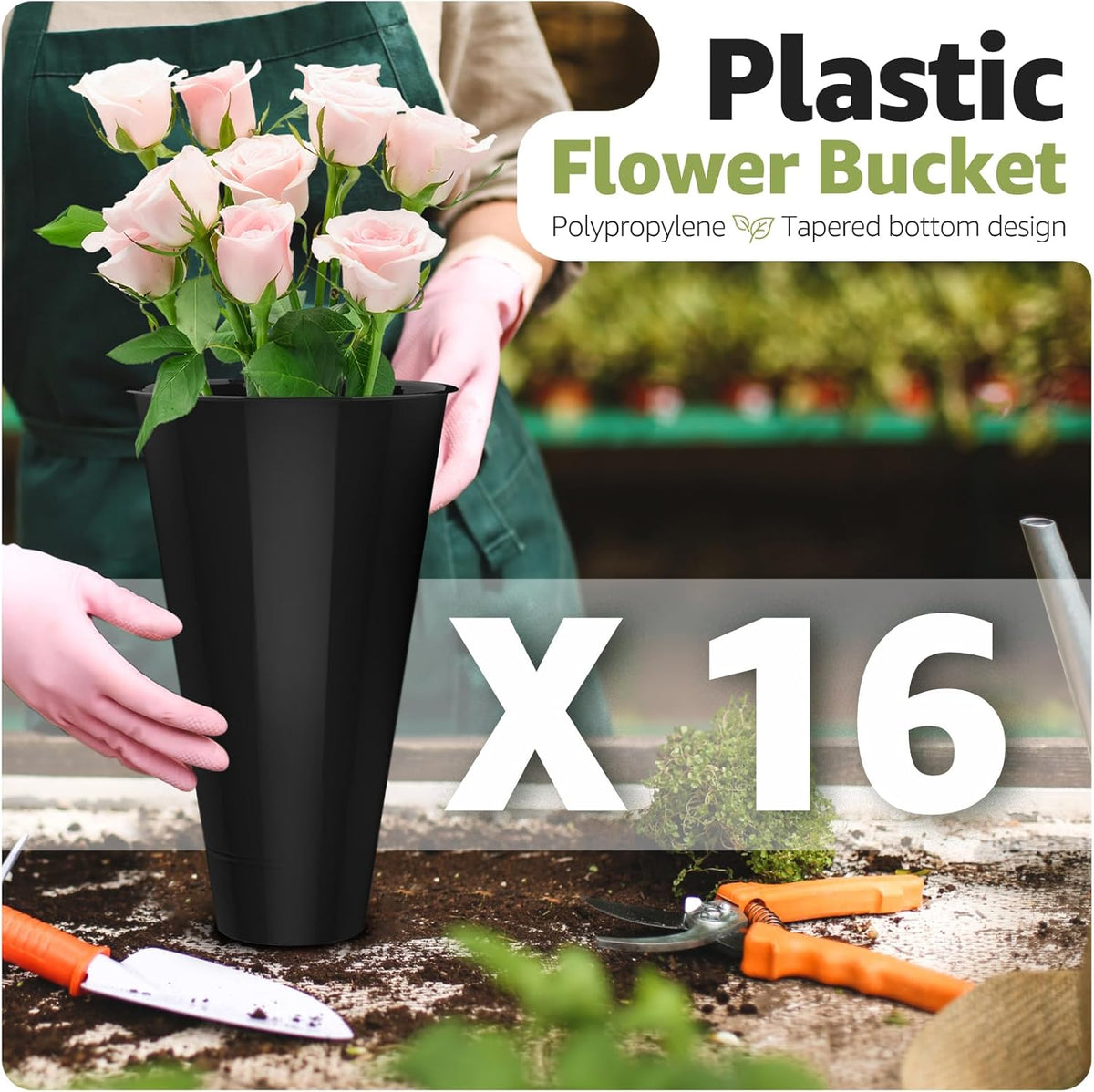 Flower Display Stand 4 Layers with 16 PCS Round Buckets, Plant Stand with Wheels, Movable Metal