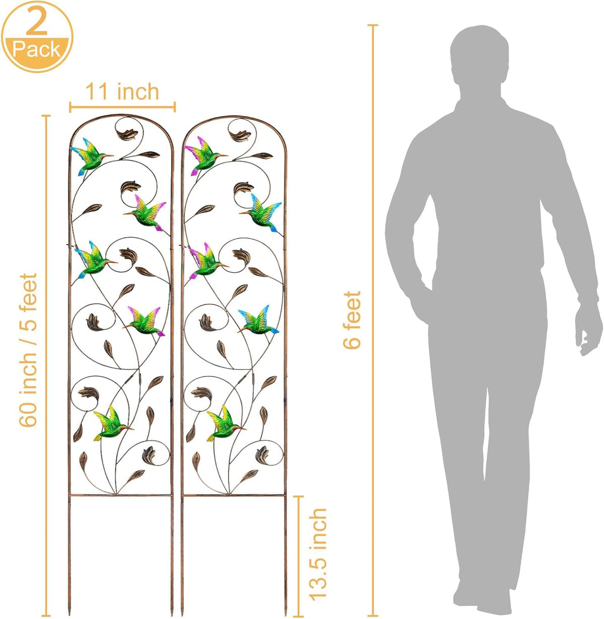 LEWIS&WAYNE 2 Pack Metal Garden Trellis with Colorful Hummingbird 60 Inch High Outdoor Decoration