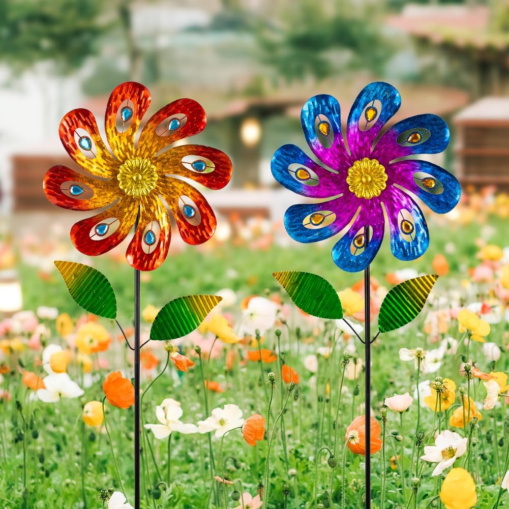 2 Packs Wind Spinners Outdoor, Metal Wind Sculptures & Spinners with Stake, Colorful Flower
