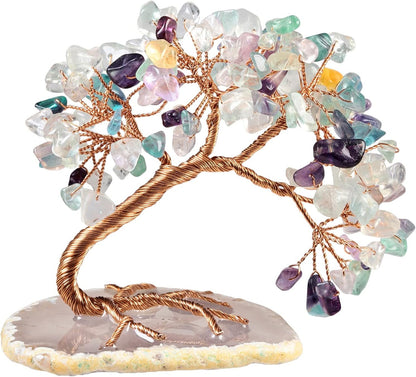 TUMBEELLUWA Reiki Crystal Money Tree with Agate Slice Base Feng Shui Stone Bonsai Tree Figure Decor