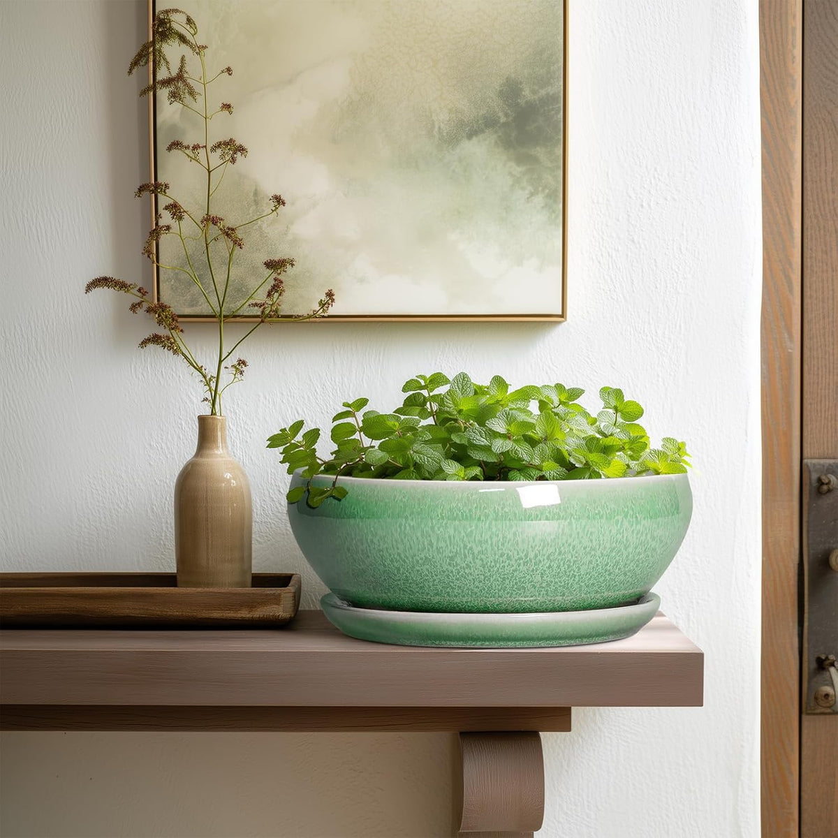 SQOWL Bonsai Pots - 10 Inch Ceramic Succulent Pots with Drainage Hole and Saucer, Shallow Planter