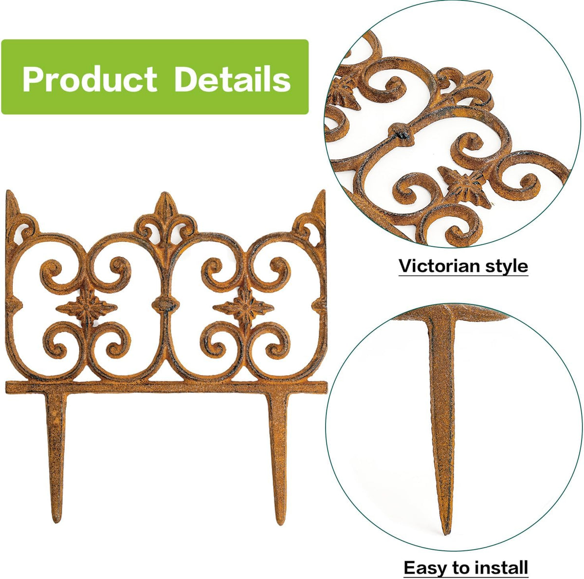 Sungmor Decorative Cast Iron Garden Edging, 4 Pack Full Rusted Victorian Garden Edging Landscape