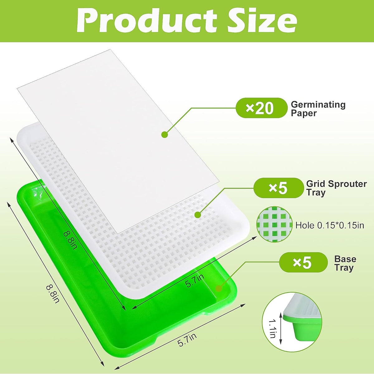 EBaokuup 5 Pcs Seed Sprouter Tray with Drain Holes - BPA Free Seed Germination Propagation Trays