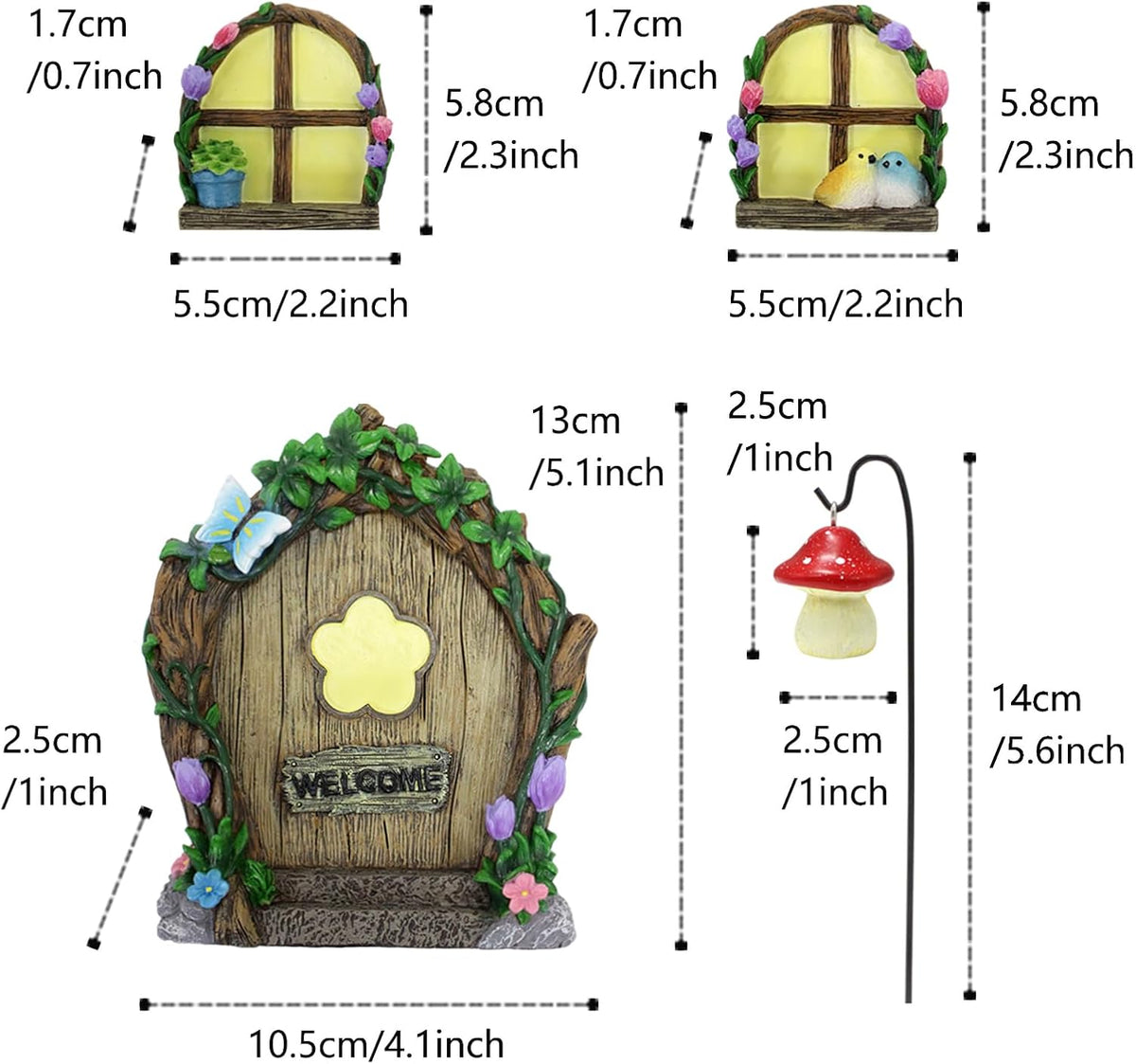 Fairy Door and Windows Garden Kit Accessories Outdoor, Glow in Dark Gnome House for Tree, Lawn Yard