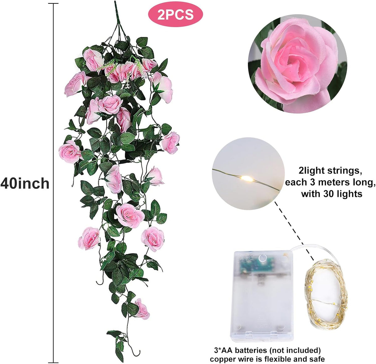 RECUTMS Hanging Flowers Artificial Rose Flower 2PCS 3.3Ft for Outdoors with 30 LED Fairy String