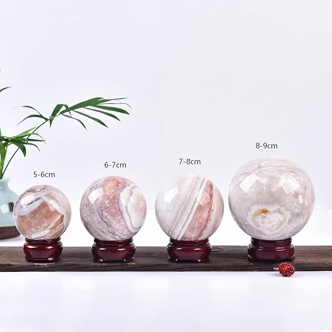 JIC Gem Pink Agate Crystal Ball with Wooden Stand Pink Healing Crystal Sphere Ball for Feng Shui