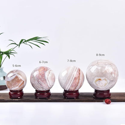 JIC Gem Pink Agate Crystal Ball with Wooden Stand Pink Healing Crystal Sphere Ball for Feng Shui
