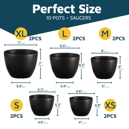 Lifemaster Plant Pots with Multi Drainage Holes - 10 Pieces Versatile, Sturdy Plastic, Stackable