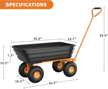4 Cu.Ft. 600Lbs Garden Cart Dump Wagon, Heavy-Duty 4 Wheel Wheelbarrow Yard Cart with 10-Inch