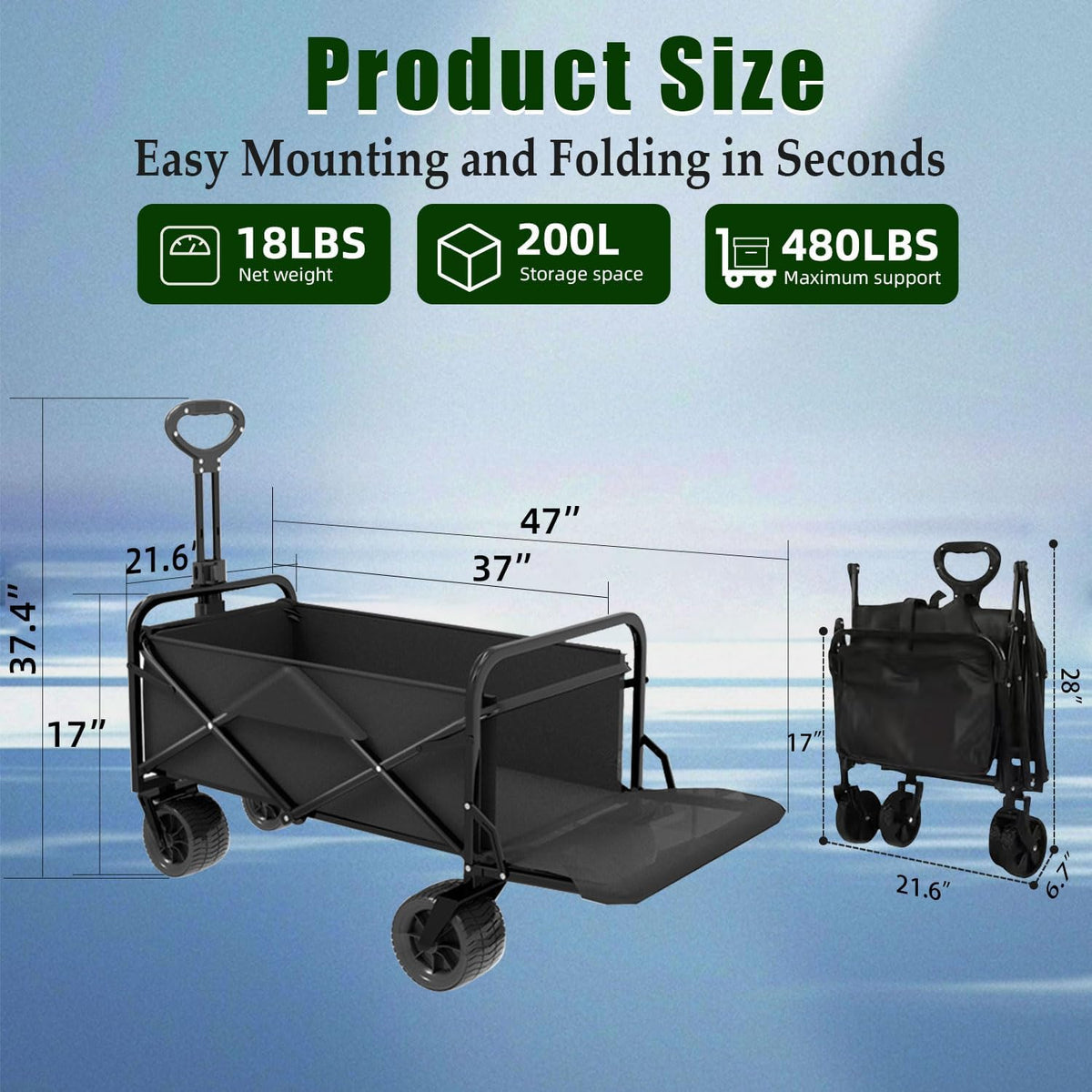 Collapsible Wagon Cart Foldable with Tailgate, 47" L 480lbs Capacity, Heavy Duty Beach Wagon with