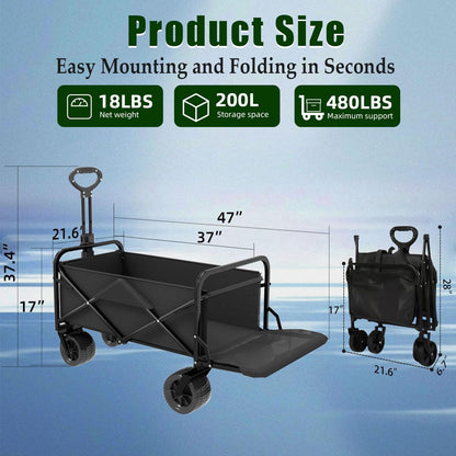 Collapsible Wagon Cart Foldable with Tailgate, 47" L 480lbs Capacity, Heavy Duty Beach Wagon with