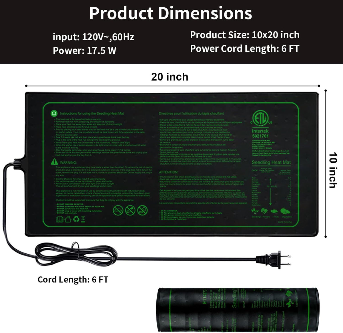 Upgrade 20" x 10" Durable Waterproof Seedling Heat Mat with ETL Certified, Warm Hydroponic Heating