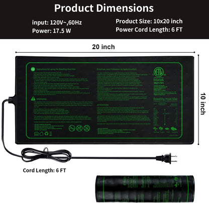 Upgrade 20" x 10" Durable Waterproof Seedling Heat Mat with ETL Certified, Warm Hydroponic Heating