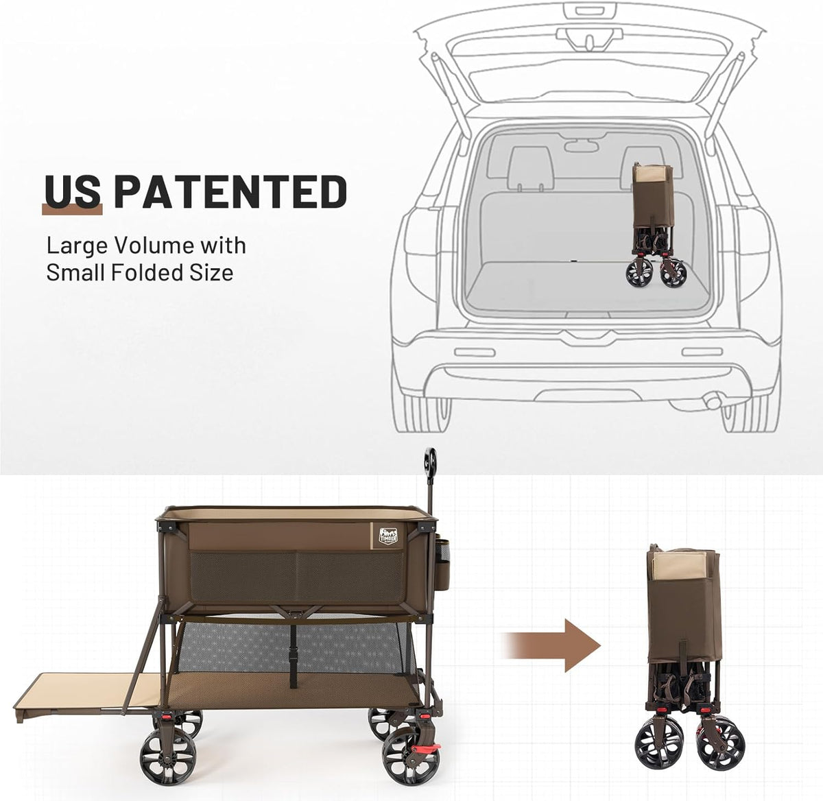 TIMBER RIDGE 400L Large Capacity Folding Double Decker Wagon with Brakes, 54" Extra Long Extender