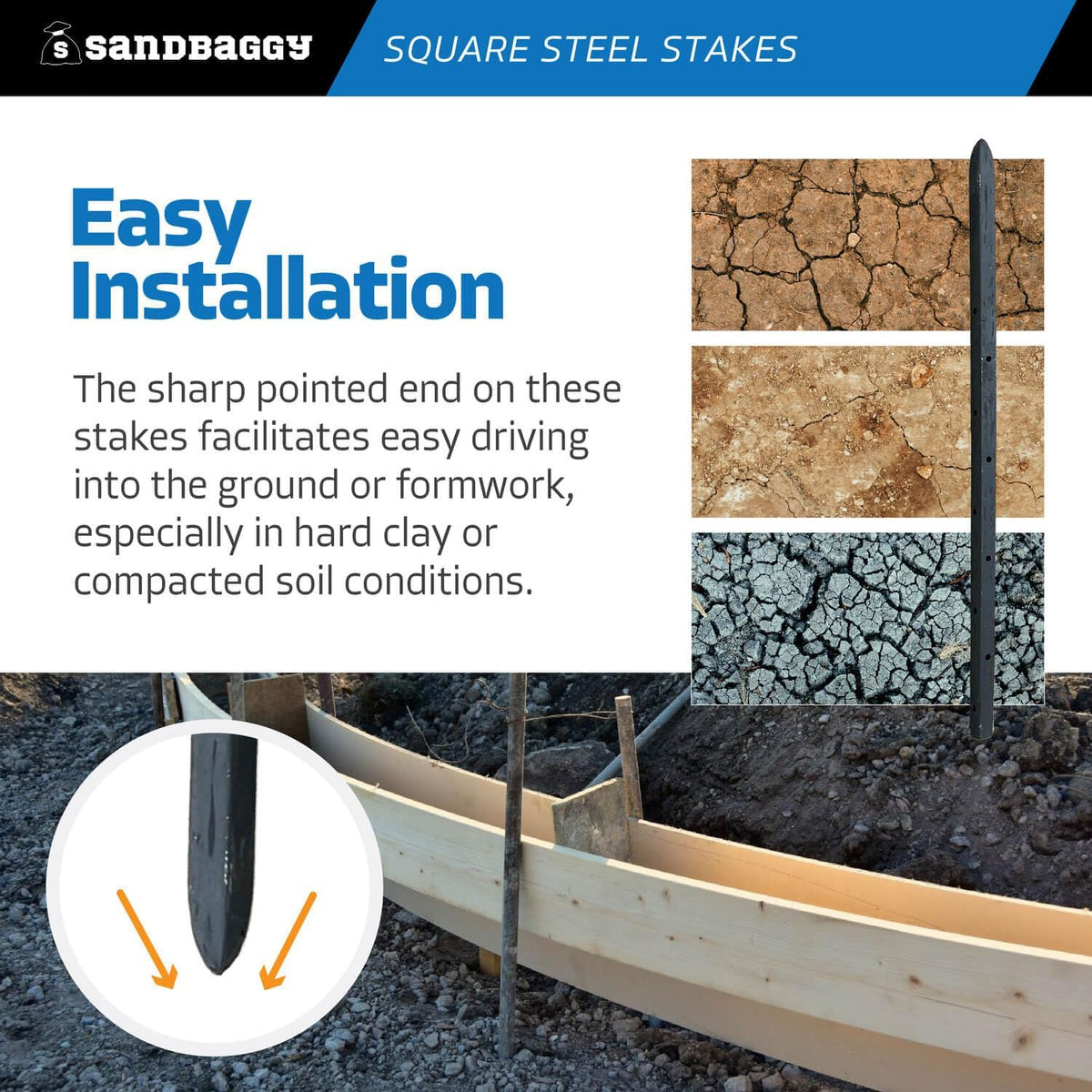 Sandbaggy Square Steel Concrete Form Stakes with Nail Holes - 5/8" Wide - Rust Resistant Coating