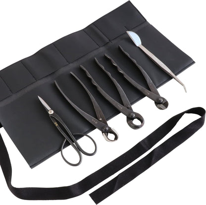Wazakura Made in Japan 5PCS Bonsai Tool Kit with Roll Bag: Yasugi Steel Satsuki Bonsai Scissors