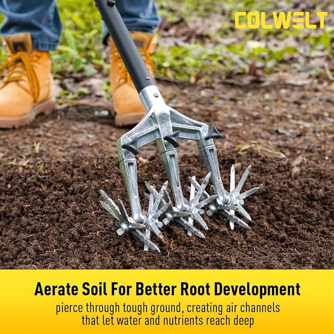 Colwelt Rotary Cultivator Garden Tool 61’’, Hand Tiller Garden Tool with Detachable Aluminum Tines