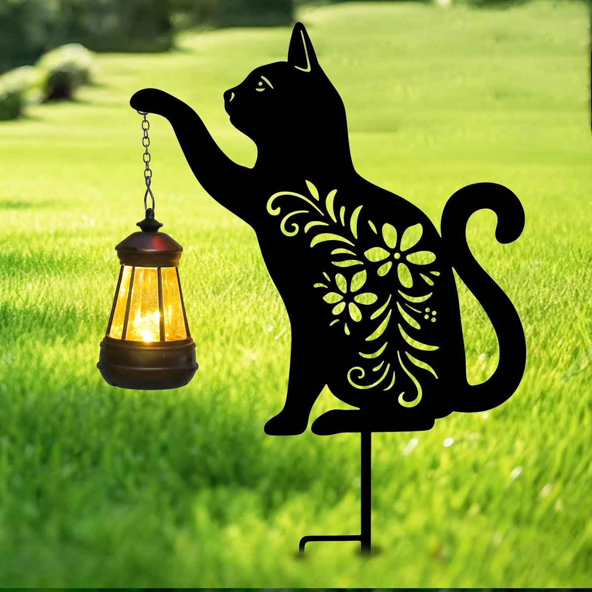 Afirst Solar Outdoor Garden Stake Solar Cat Decorative Stake Light with Lantern Decorative Lights