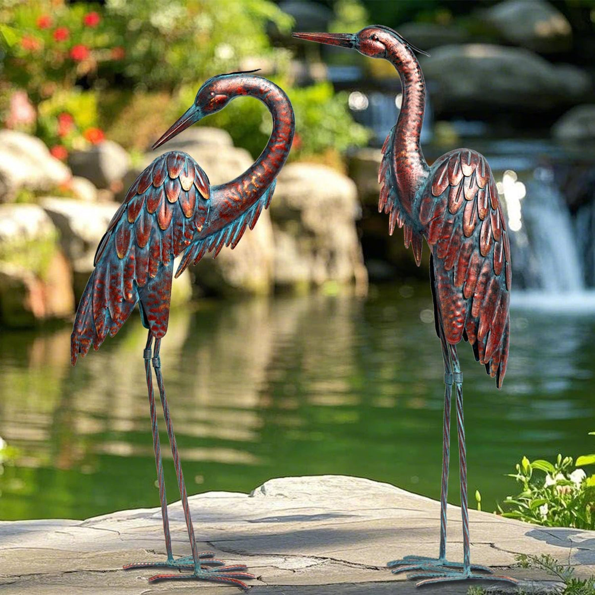 Kircust Metal Crane Statues - Set of 2 Bronze Heron Sculptures for Garden, Patio, or Yard Decor