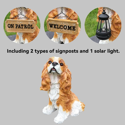 Cavalier King Charles Spaniel Outdoor Dog Statue with Reversible “Welcome/ON Patrol” Hanging Plaque