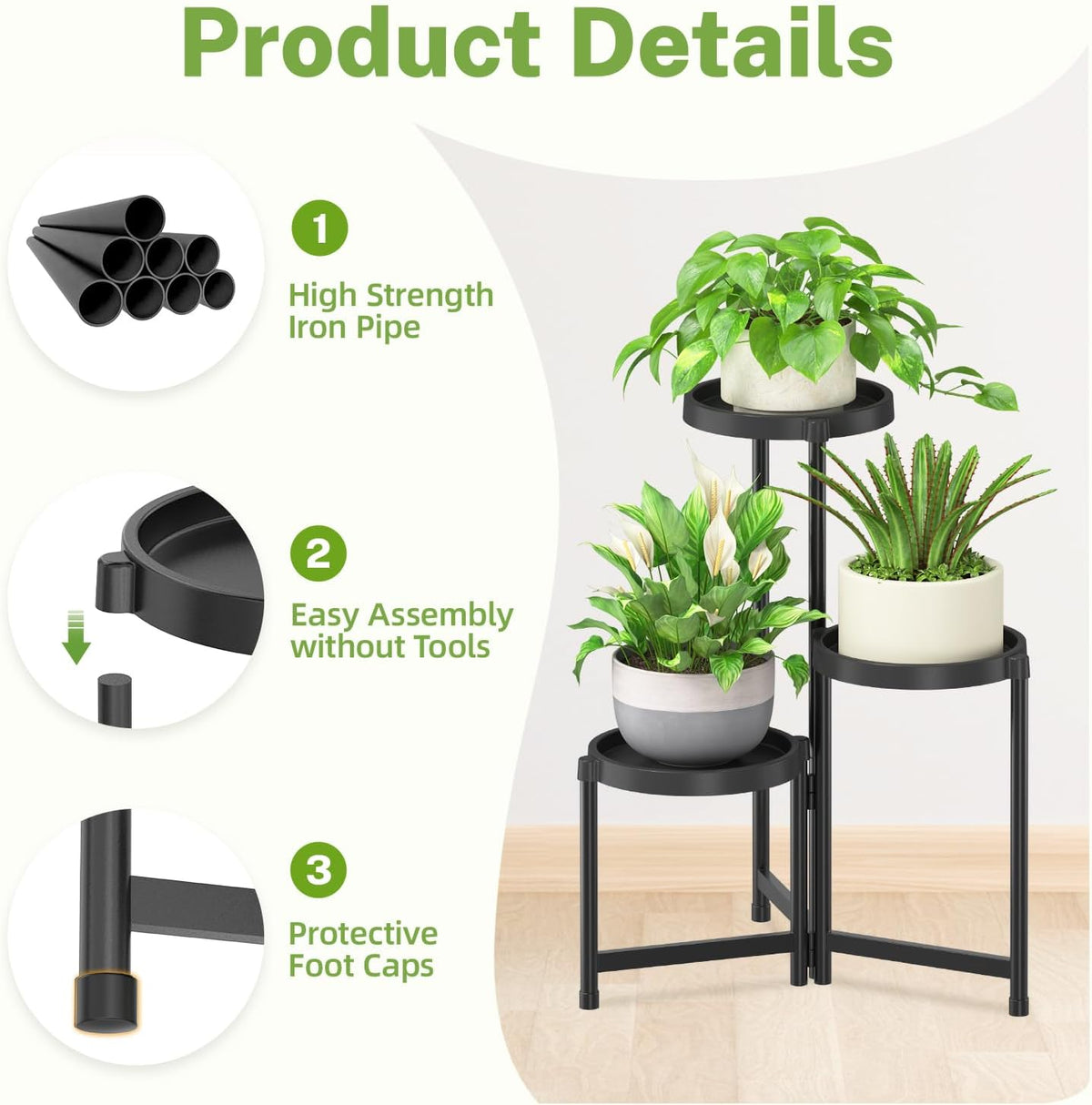 iDavosic.ly 3 Tier Folding Plant Stand Indoor Outdoor with Plastic Tray, Tiered Corner Flower