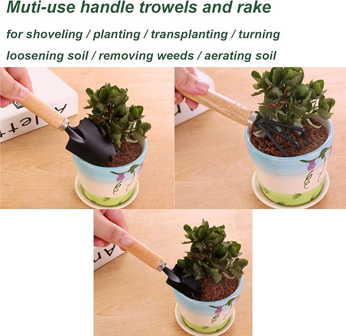 3 Pcs Mini Garden Tools Set Small Tiny Shovel Trowel and Hand Rake with Solid Wood Handle Indoor