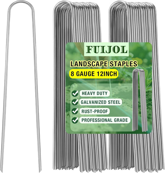 8 Gauge Landscape Staples, FUIJOL 12 Inch Heavy Duty U-Shaped Landscape Stakes, 100 Pack Galvanized