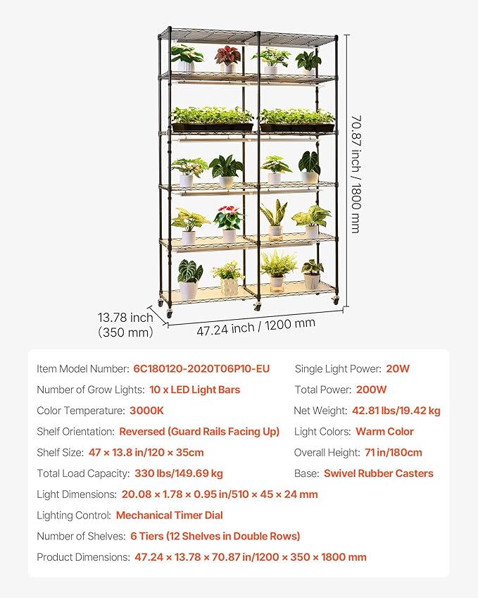 VEVOR Plant Shelf with Grow Light, 6-Tier Double-Row Plant Stand, 71in Tall Indoor Plants Display