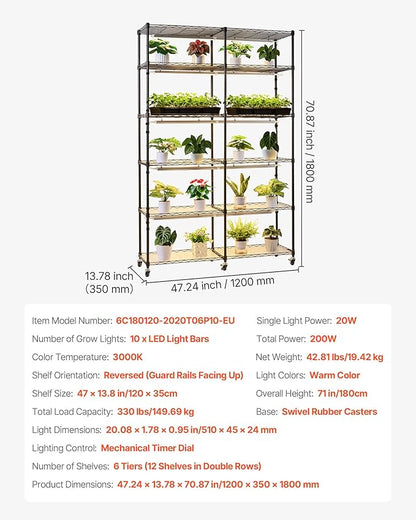 VEVOR Plant Shelf with Grow Light, 6-Tier Double-Row Plant Stand, 71in Tall Indoor Plants Display