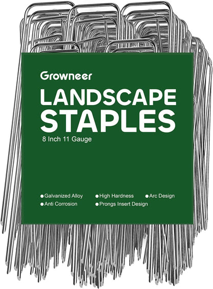 GROWNEER 8 Inch 50 Pack Landscape Staples Heavy Duty 11 Gauge Galvanized Steel Garden Stakes