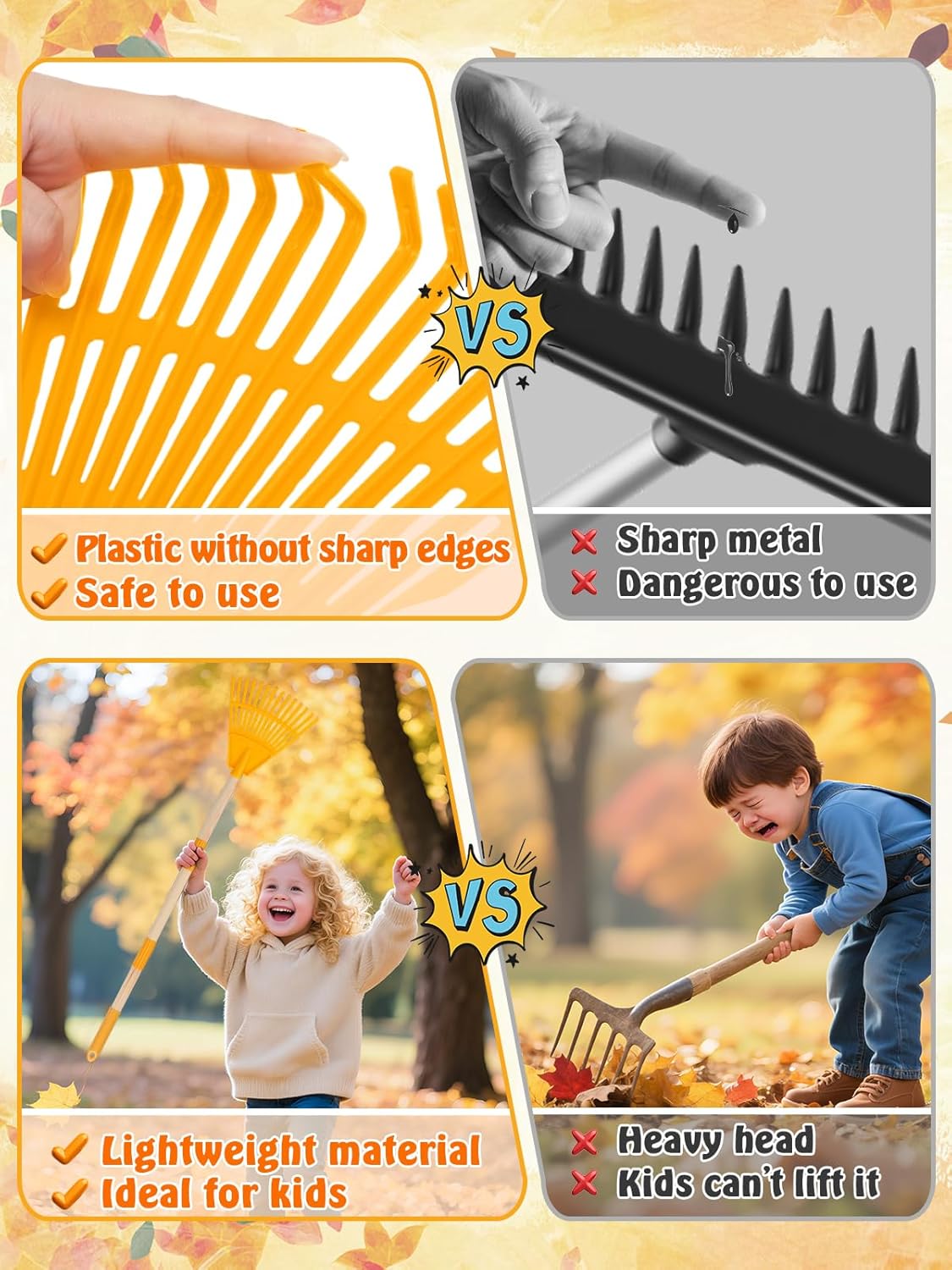 Acostop 2 Pcs Kids Rakes with Wood Handle - 34" Lightweight Plastic Garden Rake for Leaves, Safe to
