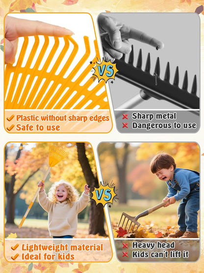 Acostop 2 Pcs Kids Rakes with Wood Handle - 34" Lightweight Plastic Garden Rake for Leaves, Safe to