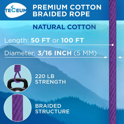 TECEUM Cotton Rope 3/16” (5 mm) – 50 FT – Strong All-Purpose Braided Rope – Natural Cotton – for