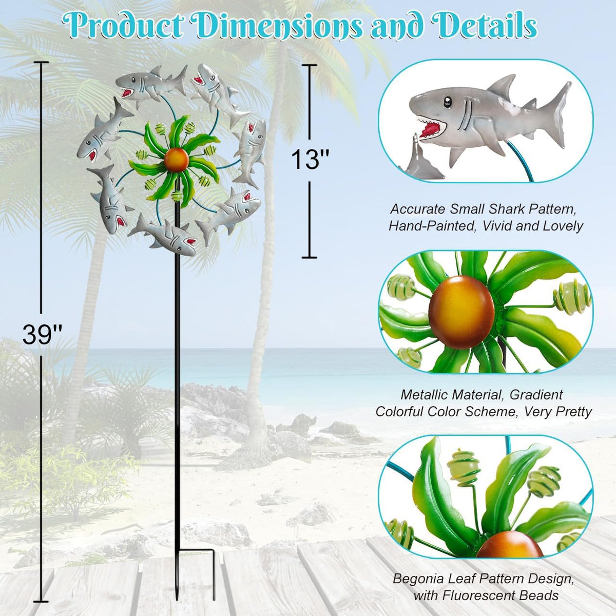 Shark Outdoor Wind Spinners - 39" Ocean-Themed Metal Wind Sculptures Garden Stake Art, 13.5”