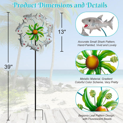 Shark Outdoor Wind Spinners - 39" Ocean-Themed Metal Wind Sculptures Garden Stake Art, 13.5”