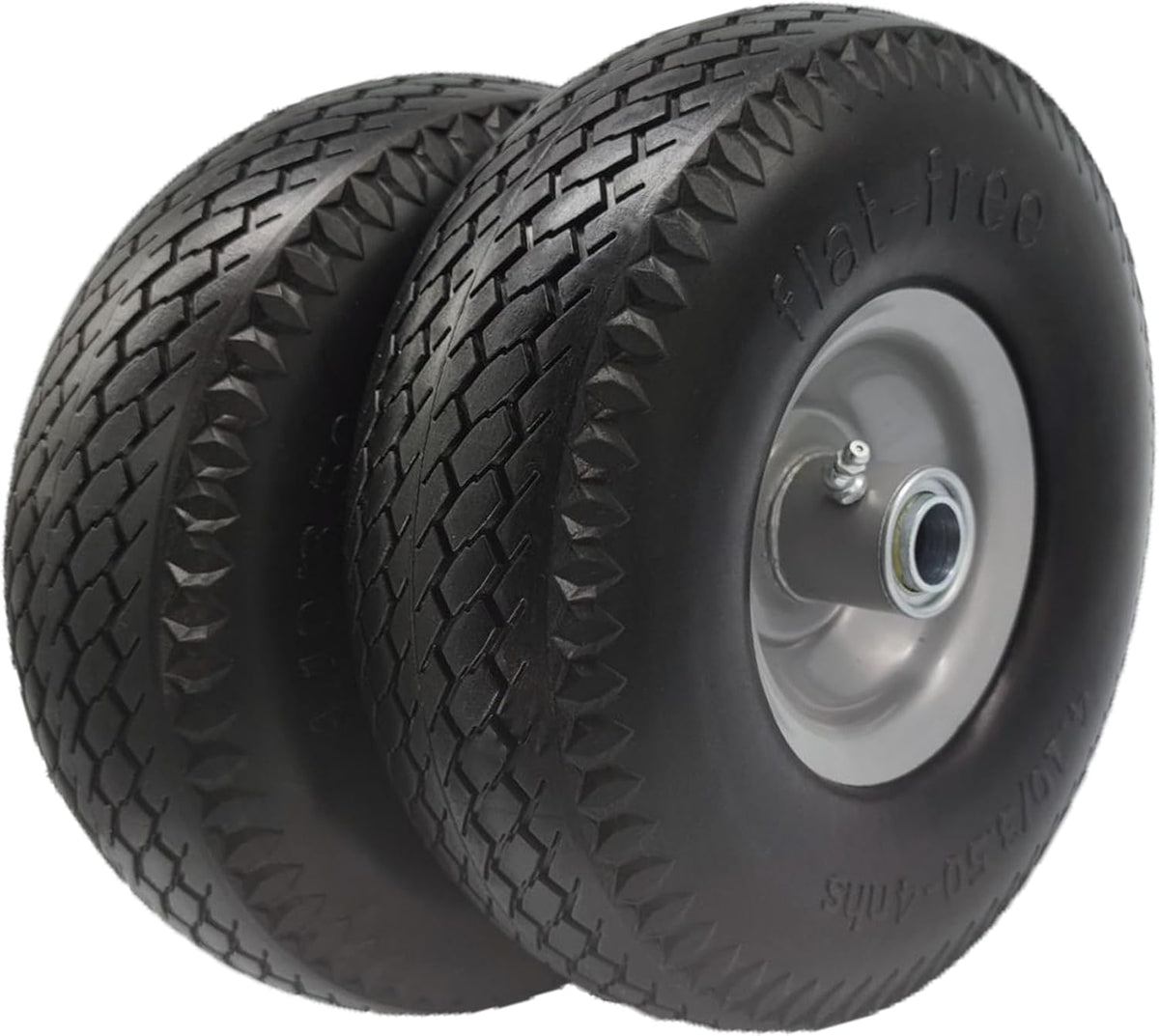 Flat Free 4.10/3.50-4 Tire with 3/4 & 5/8 Axle Bore, 3.5” Center Hub 10 inch Solid Tire Replacement