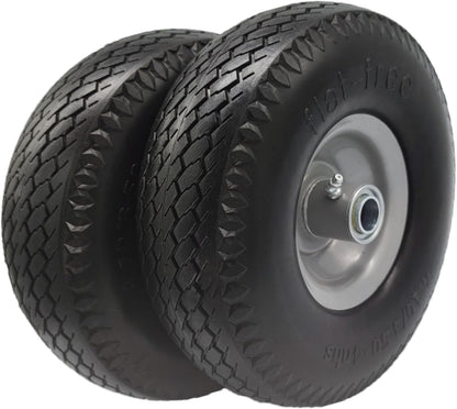Flat Free 4.10/3.50-4 Tire with 3/4 & 5/8 Axle Bore, 3.5” Center Hub 10 inch Solid Tire Replacement