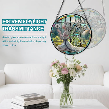 Dandelion Fairy Stained Glass Window Hanging, Suncatcher Diamond Glass Panel Hangings, Sun Catchers