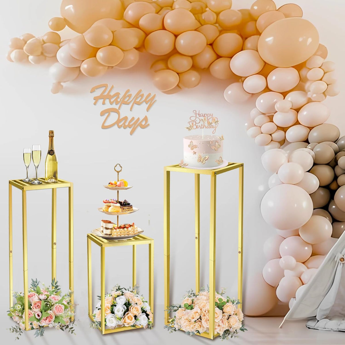 Cylinder Pedestal Stands for Party & Plant,3pcs Square Gold Metal Wedding Flower Display Stand for