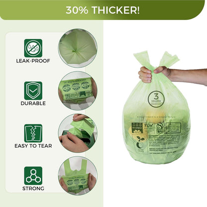 3 Gallon Compostable Trash Bags with Handle-Tie, Thick 0.67 Mil, 11.36 Liter, 80 Bags, Small