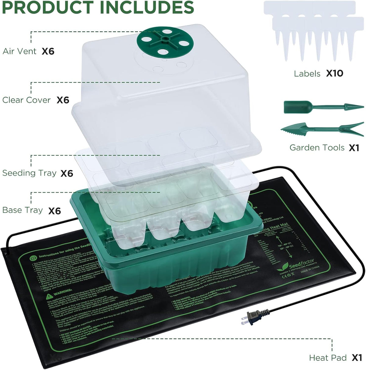 Seedfactor 7-Pack Seed Starter Tray with Heat Mat (12 Cells per Tray), Plant Germination Trays with