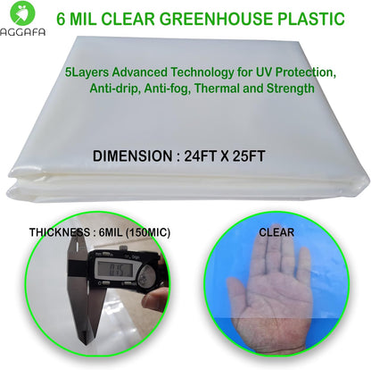6 mil (24ft x 25ft) 100% Virgin Material. 5Layers Advanced Extrusion Technology for UV Protection