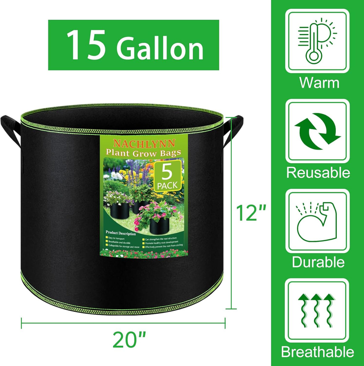 NACHLYNN 5-Pack 15 Gallon Grow Bags Thickened Nonwoven Fabric Pots Heavy Duty Aeration Fabric Pots