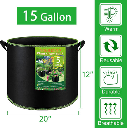 NACHLYNN 5-Pack 15 Gallon Grow Bags Thickened Nonwoven Fabric Pots Heavy Duty Aeration Fabric Pots