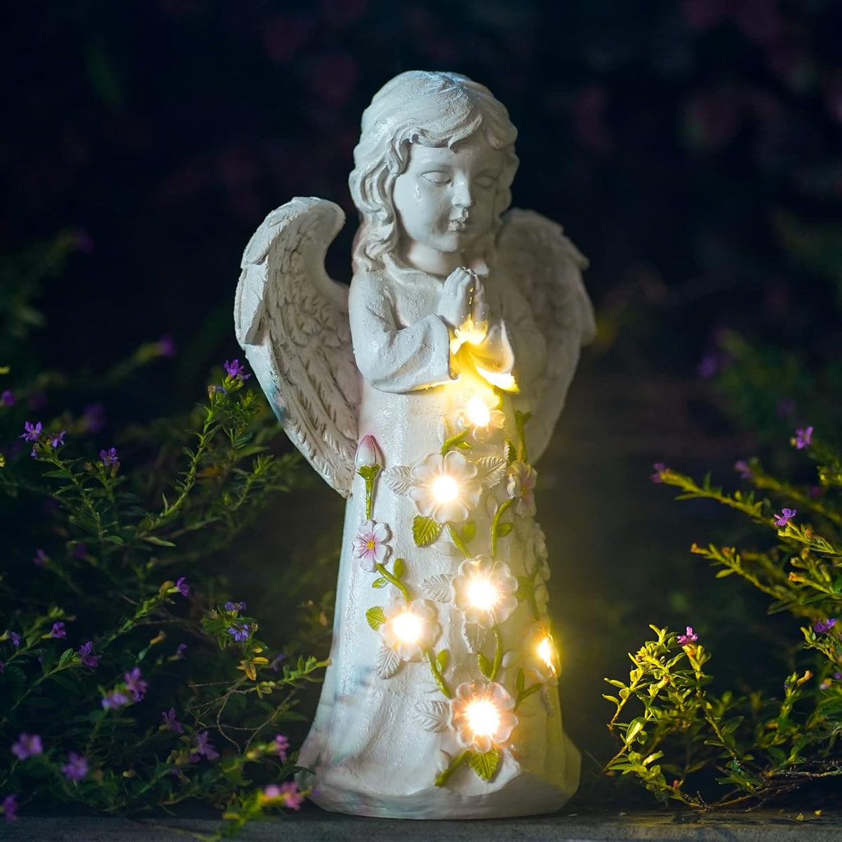 Nacome Garden Outdoor Statues Angel with Succulent and 7 LED Lights – Lawn Decor for Patio