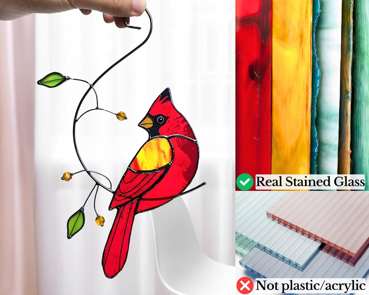 Red Cardinal Stained Glass Bird Suncatcher for Mom, Grandma, Women - Real Glass Window Hanging